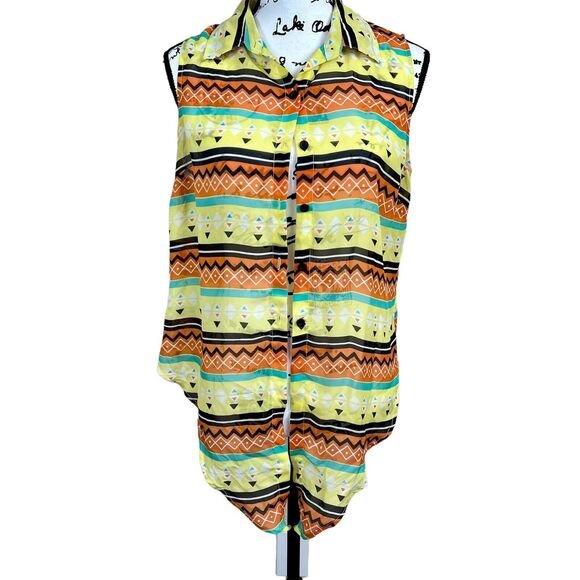 Geri C. Yellow  geometric sleeveless button up collar  top size L beach vacation - Picture 2 of 13
